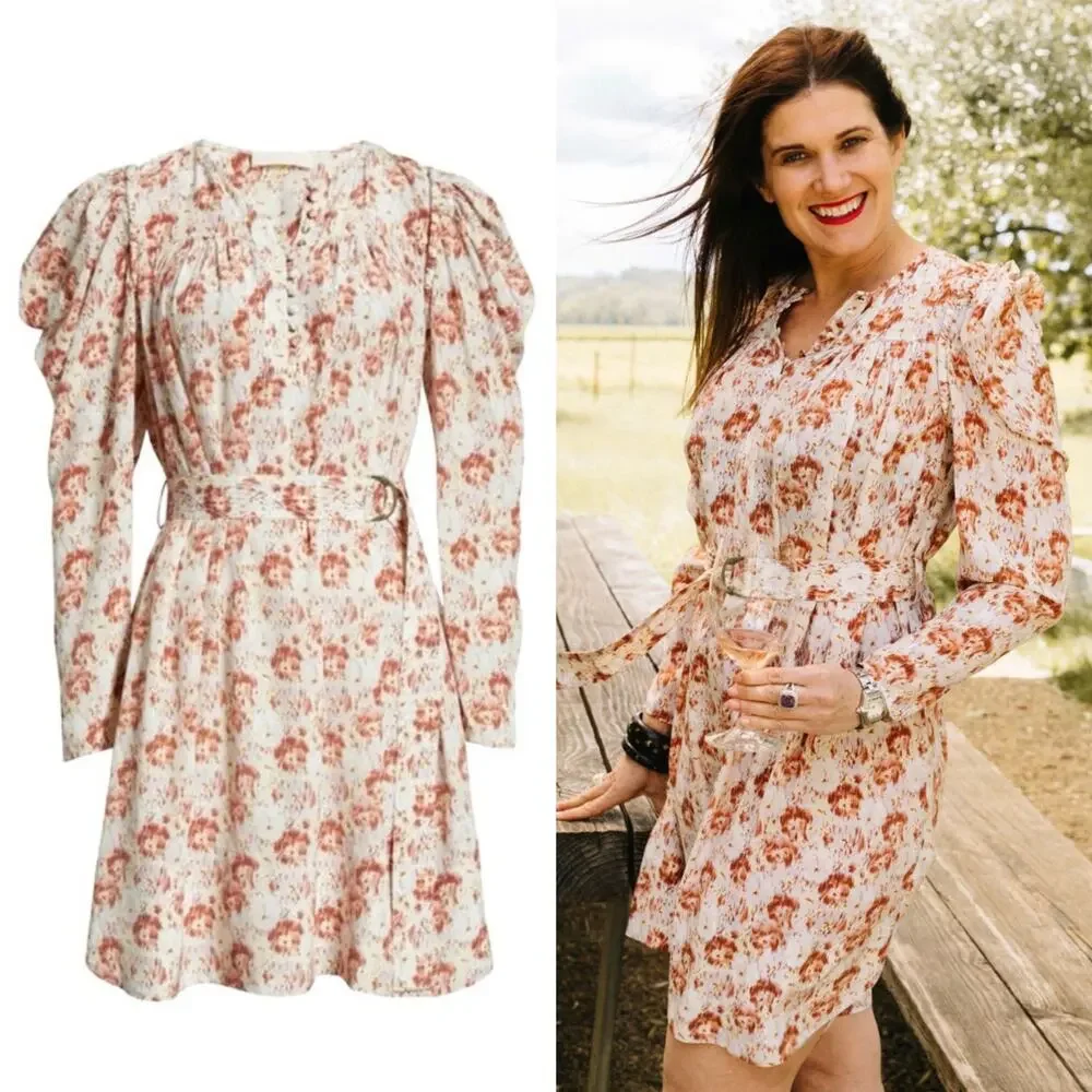 ULLA JOHNSON Floral Puff Sleeve Belted Silk Mini Elaine Dress